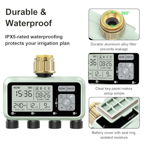Johgee Watering Programmer, 4 Outlets with Brass Inlets, Digital Water Timer with Rain Delay, Automatic/Manual Watering Control for Garden Lawn