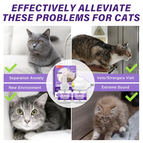Feromoni per Gatti, Diffusore di Ferormoni per Gatto per Ridurre Graffi e Marcature, Soluzione Relax per Gatti per 60 Giorni, 2 Ricariche 48 ml, Adatto per Più Gatti