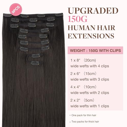 GOO GOO Adhesive Hair Extensions Natural Hair, 45 cm 150 g 9pcs, Real Natural Human Hair Extensions, 2 Dark Brown