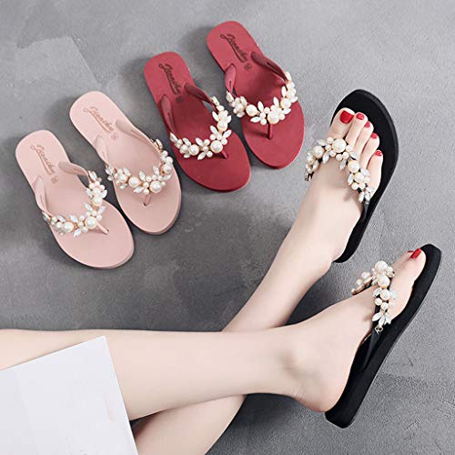 Summer Sandals Simayixx Women Sexy Rhinestone Shoes Pearl Slip-On Slippers Beach Boho Flip Flops Swimming Pool Yoga Shoe Black