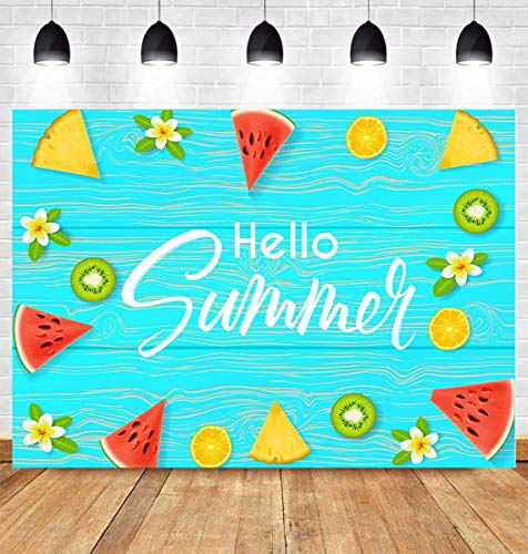 Fanghui 7x5ft Cartoon Blue Sea Summer Fruits Photography Backdrop Watermelon Kiwifruit Lemon Flowers Background Decoration Kids Baby Shower Tea Birthday Party Birthday Photo Booth Props