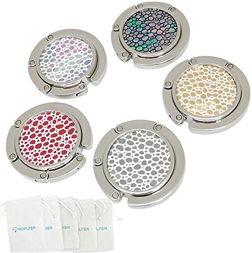 ROFLYER Purse Hook Set of 5 - Various Dots Foldable Handbag Hanger Safer Cleaner Bag, Fold Up For Easy Storage,Folding Table Hanger, with Velvet Pouch