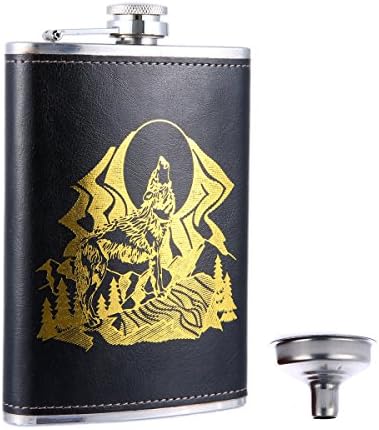 Taneaxon Gold Wolf Pattern Pocket Hip Flask 9 oz with Free Funnel