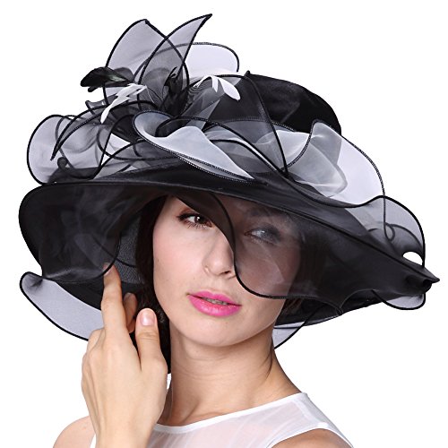 June's Young Women Race Hats Organza Hat with Ruffles Feathers (Black&White) - Thumbnail 2