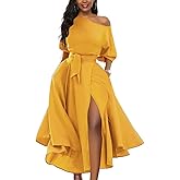 LILYIN Women’s Elegant Off Shoulder Short Sleeve Belted Side Slit Cocktail Party Swing Dress with Pockets