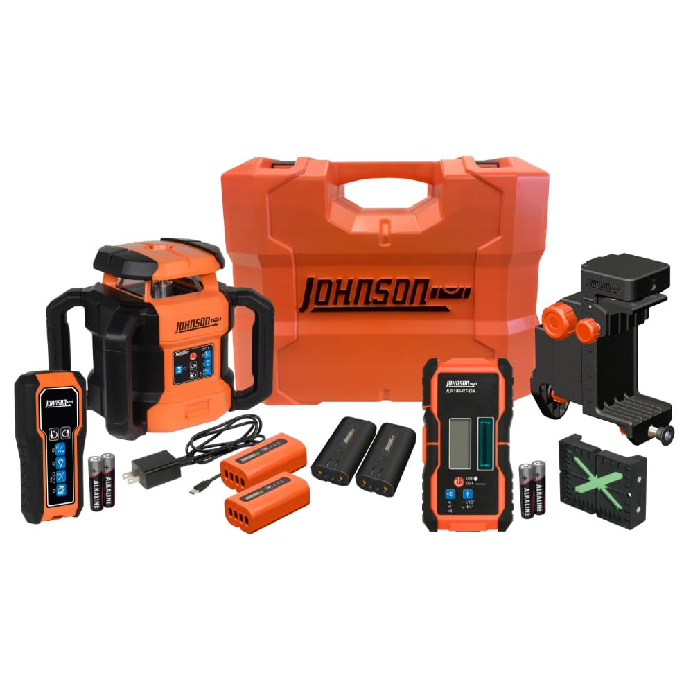 Johnson Level & Tool JRT300-GNHV-K Self-Leveling Dual Slope Rotary Laser Kit with GreenBrite® Technology, 4,000FT Range, Lithium Ion Batteries, Magnetic Target, Laser Detector, Remote Control Image