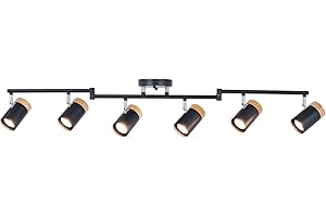 TeHenoo 6-Light Track Light, Flexible Arms,350°Rotation Spotlights with Metal and Natural Wood Shade for Living Room,Dining Room,Kitchen,Art Studio (Black)