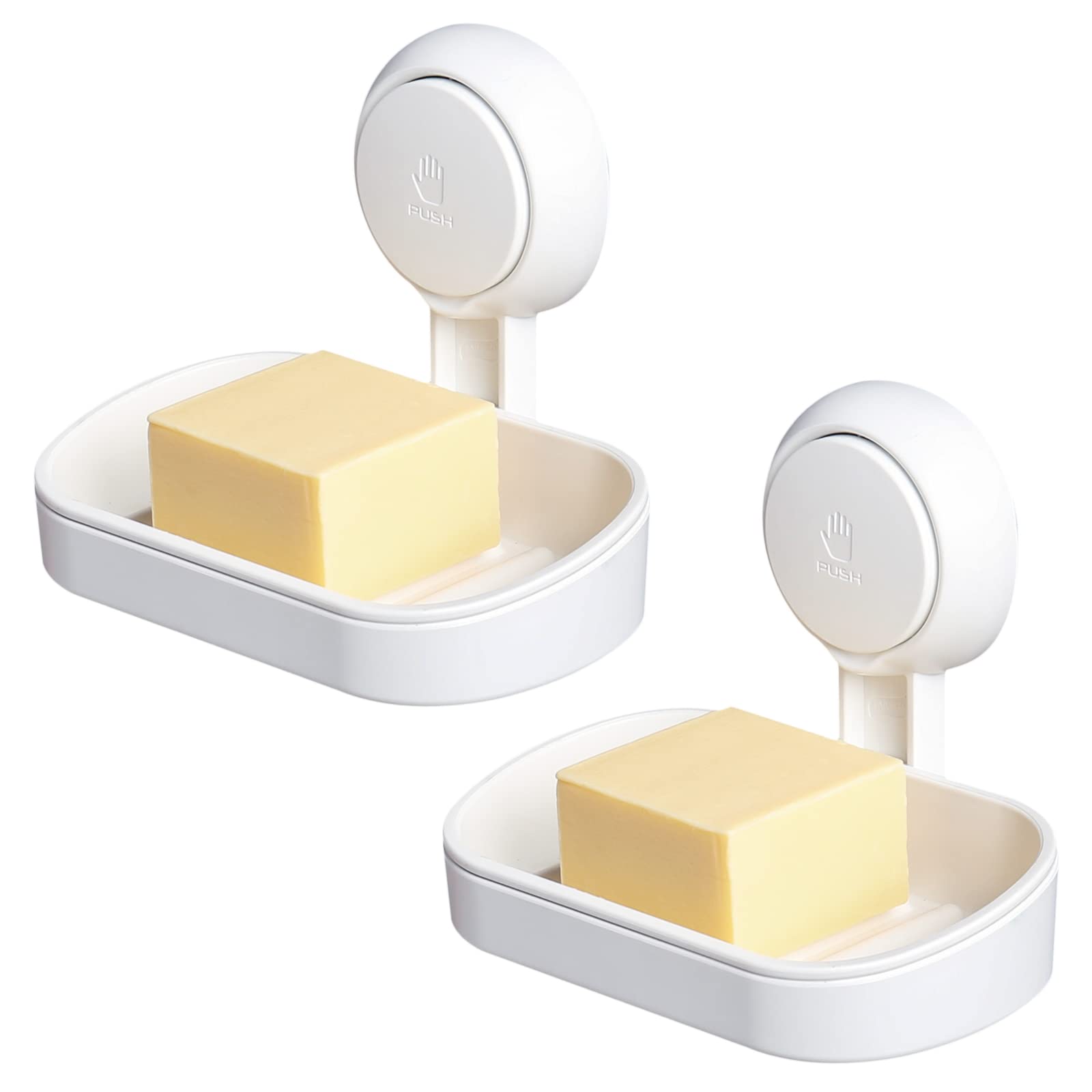 LEVERLOC Soap Dish for Shower 2 Pack, Max Hold 3 KG Suction Soap Holder for Bathroom, Bathtub, Wall Mounted, Waterproof, Drill-Free, Removable Shower Organizer, Sponge Sink Holder, Plastic In White