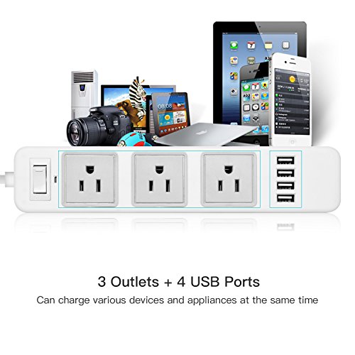 image for USB Surge Protector-JACKYLED Space Saving 4-USB 3-Outlet 9.8ft Long Co