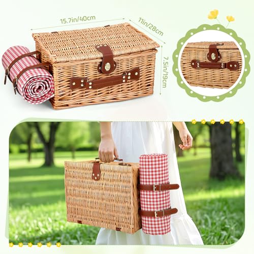 Wicker Picnic Basket Wicker Picnic Basket for 4 Person Woven Basket with Integrated Insulation and Waterproof Tarpaulin, Complete Set with 4 Cutlery, Plates, Glasses for Camping Garden BBQ