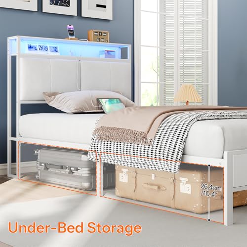 HOOBRO Twin Bed Frame, Metal Platform Bed Frame with Storage Headboard, Bed Frame with Charging Station and LED Light, White WW13UDBF01