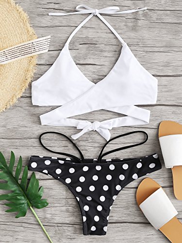 SOLYHUX Women's Sexy Halter Wrap Knotted Back Bikini Set Swimsuit Polka Dot S