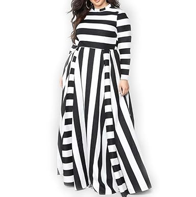 Autumn Plus Size Dresses For Women Splice Striped Long Sleeve Round Neck Floor Length Long Dresses Stripe Mosaic Losses Fit Dresses Black 2xl