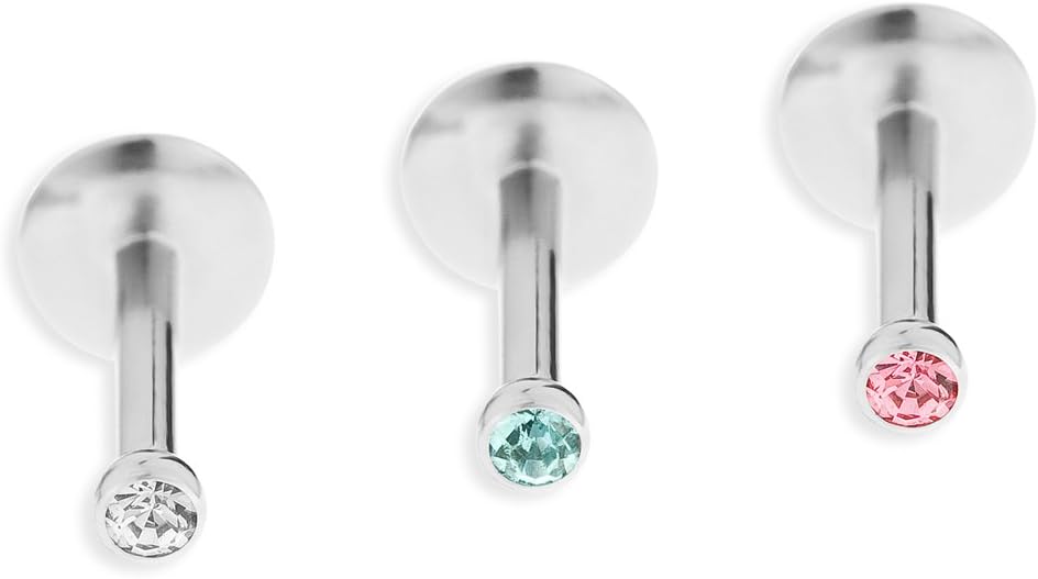 Izmit Stainless Steel Rose, White, Aqua Foiled Crystal Snap On Labret Bar Set