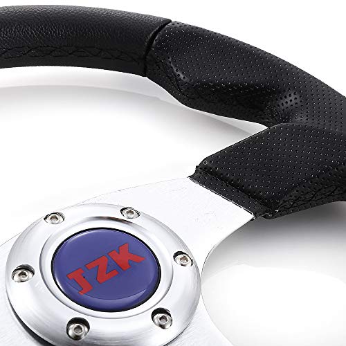 JZK Classic Universal Car Boat Steering Wheel 350mm 6 Bolts Quick Release PVC Material Brushed Stainless Spokes