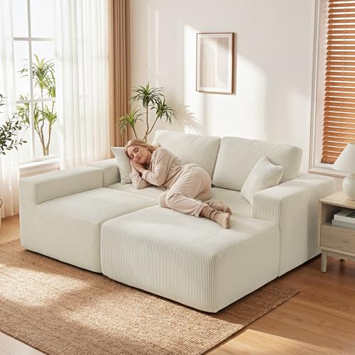 HOMCOM 105" L-Shaped Modular Sectional Sofa, Boneless Cloud Couch with Deep Seat, Wide Armrests, Pillows, 2-in-1 Corduroy Sofa Bed for Living Room, No Assembly Required, Cream