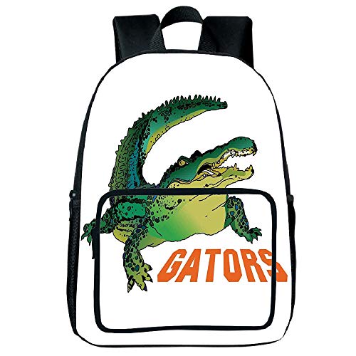 Customizable Square Front Bag Backpack,Reptiles,Grumpy Alligator Has a Word Gator Crocodile Humor Wild Life Safari Aquatic Print,Green Orange White,for Children,Diversified Design.15.7"x 11.8"x 6.3"