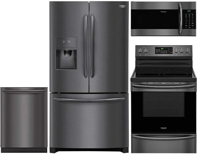 Amazon Com Frigidaire 4 Piece Kitchen Appliance Package With Fghd2368td 36 French Door Refrigerator Fgef3059td 30 Freestanding Electric Range Fgid2466qd 24 Fully Integrated Dishwasher And Fgmv176ntd 30 Over The Range Microwave In Black Stainless