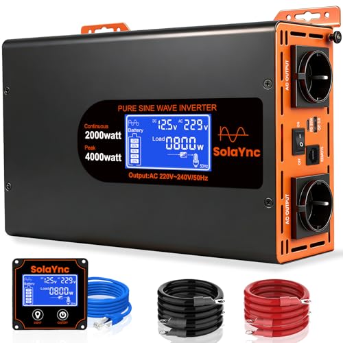 SolaYnc 2000W/4000W 12V 220V/230V Pure Sine Inverter DC AC Sine Wave Inverter, with LCD Display, Remote Control, 2 EU AC Sockets, Type-C 30W Interface and USB Port, for Cars, Boats, Trucks
