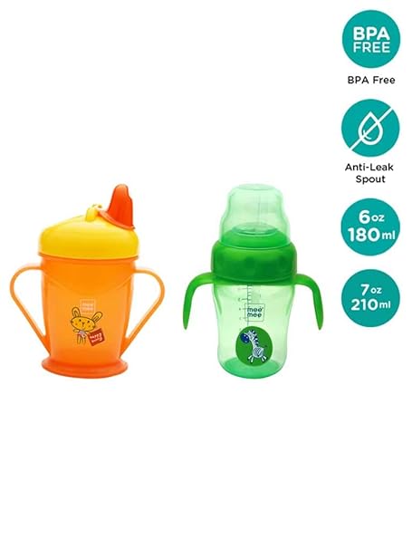 Mee Mee Easy Grip Sipper Cup with Twin Handle (Orange 180ml+Green 210ml)
