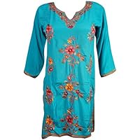 Mogul Interior Womens Floral Embroidered Bohemian Tunic Top Cotton Indian Kurtis