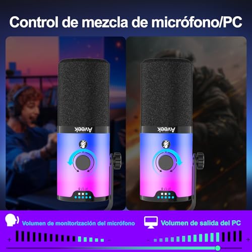 Aveek Dynamic USB/XLR Microphone with Arm for Gaming & Streaming | RGB Lighting, Noise Cancellation, One Touch Silence, Monitor Mix and Headphone Jack for PC & PS5