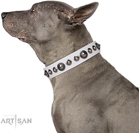 FDT Artisan 19 inch White Leather Dog Collar with Old Silver Like Decor - "Ice Age" - Gift Box Included - 1 1/2 inch (40 mm) wide
