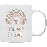 QASHWEY You Are So Loved Rainbow Coffee Mugs Mug, Inspirational Gifts for Women Girls Kids Wife Her Sister Mom Girlfriend, Birthday Gift Double Side Printed Ceramic Mug Cup 11 Ounce
