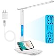 Rechargeable LED Desk Lamp with Clock, Desk Lamp for Home Office, Study Lamp for Reading, Eye-Caring, Battery Operated, 3 Lighting Modes, 5 Brightness Levels, White