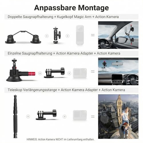 NEEWER Triple Suction Cup Car Mount Compatible with Insta360 X5 X4 GoPro DJI OSMO 360 Cameras, Quick Release Windscreen Magic Arm Mount, 2 in 1 Extension Rod/Selfie Stick, CA065