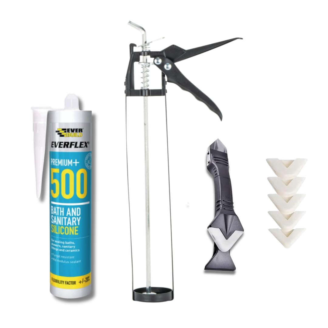 Bathroom Sealant Anti Mould White Silicone Bundle: Ever flex 500 Bath And Sanitary White 295ml, Skeleton Caulking Gun, Silicone Tool and Threaded Nozzle.