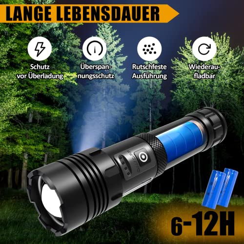 HANHUI Taschenlampe LED 10000 Lumen Extrem Hell Taschenlampen USB Aufladbar Taktische Taschenlampe mit COB Arbeitsleuchte 7 Lichtmodi IPX67 Wasserdicht Flashlight Zoombar für Camping Wandern Notfälle