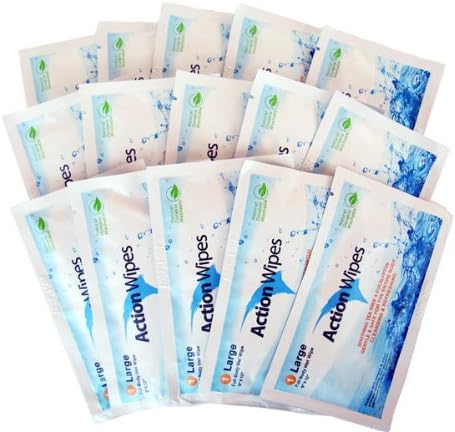 15ct Bag, Individually Wrapped: No Shower? No Problem! Action Wipes Are Large, Naturally Cleansing Body Wipes Moistened with Refreshing Ingredients Like Tea Tree & Eucalyptus. Guaranteed to Remove Sweat, Grime and Odor. Safe for Pets & Kids. No Rinsing, No Residue!