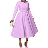 Famnbro Women's Vintage Cocktail Dresses 1950s Round Neck Long Sleeve A Line Formal Church Swing Maxi Dress