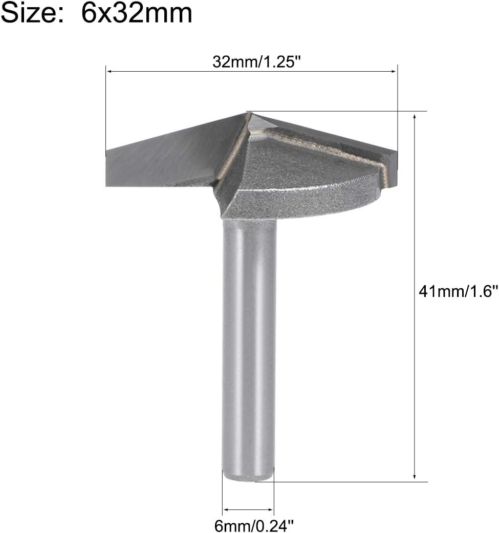 sourcing map 150 Degree V-Groove Router Bit 32mm Dia with 6mm Shank, Titanium Steel Tipped V Grooving Bit (Gray) - Image 3