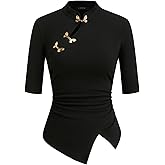 CIDER Women's Butterfly Decor Top Elegant Mid Sleeve Asymmetrical Hem Y2K Slim Fit Date Night Going Out Fall Fashion Top