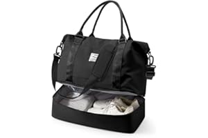VECAVE Travel Duffel Bag, 18x14x8 Inches Travel Bag Spirit with Shoes Compartment, Weekender Overnight Bag for Women with Trolley Sleeve, Carry On Bag for Airplanes Sport Tote Gym Bag Black