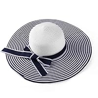 ECCRIS Women Summer Foldable Navy Blue White Striped Wide Brim Floppy Straw Hat