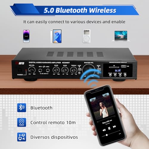 HZERO Amplificador de Audio para Casa de 5 Canales RMS 150W*2 para Altavoces de 5-8 Pulgadas, Amplificador de Altavoz, Bluetooth, Radio MP3/USB/SD/FM Amplificador 5 Canales, Hi-Fi Integrado 110V