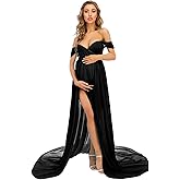 ZIUMUDY Maternity Dress for Photoshoot Photography Split Front Sheer Chiffon Off Shoulder Maternity Gown