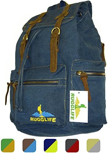 RUGGLIFE Vintage Canvas Backpack (Navy Blue) Leather Military Rucksack Hiking Daypack Casual