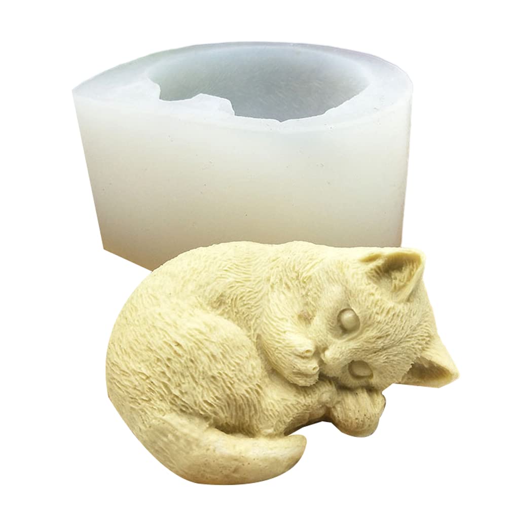 Chiyyak 3D Cat Silicone Mould Nice Sleeping Cat Epoxy Mould Casting Mould Soap Mould Candle Mould DIY Crafts, White