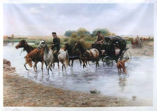Crossing the River - Alfred Wierusz-Kowalsk high quality hand-painted oil painting reproduction,long wagon trains scene,office large wall art decoration