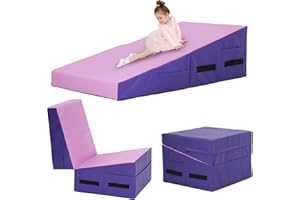 DKELINCS Gymnastics Mat 48”X24”X14” Incline Tumbling Mats for Home Gym, Folding Exercise Mat with Non-Slip PVC Surface & Handles, Cheese Wedge Mat for Kid Adults Workout