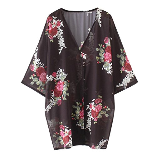 Usstore Women Elegant Print Shawl Kimono Cardigan Blouse Cover Up Beachwear (Black, 3XL) - Thumbnail 5
