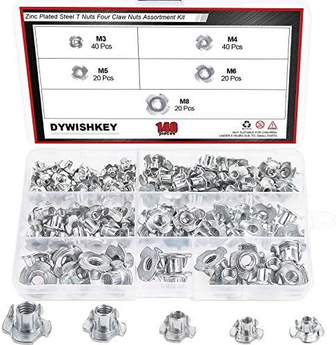 DYWISHKEY140 Pieces M3 M4 M5 M6 M8 Carbon Steel T-Nuts Four Claws Nut Assortment Kit for Wood, Rock Climbing Holds, Cabinetry, Furniture