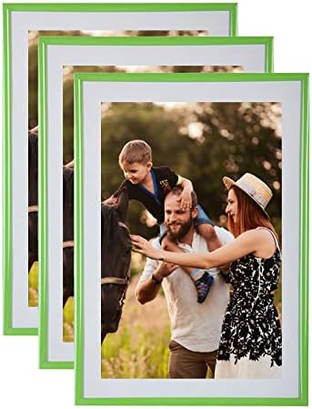 Set of 3 Photo Frames A4 Green (21x29.7 cm) - Resin photo frame with protective glass pane - Delivered with foot stand and hooks for wall mounting. Ideal for photo, diplomas, advertising ....