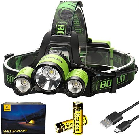 Boruit LED Headlamp 1xOriginal Cree XML-L2 &amp; 2XPE LED 5000LM Headlight Flashlight with SOS Whistle Rechargeable 18650 Batteries Waterproof Helmet Light for Camping Running Working Torch Light (Green)