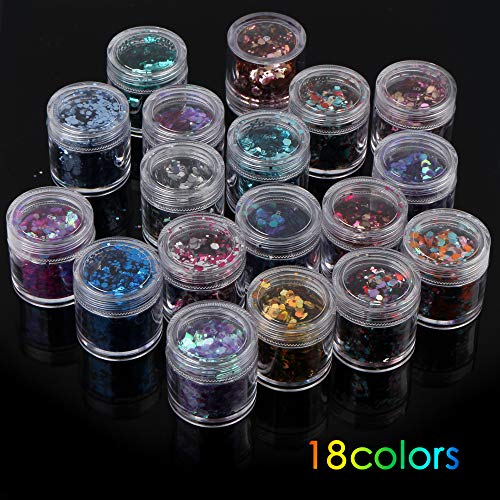 18 Boxes Holographic Cosmetic Festival Chunky Glitters Sequins, Nail Sequins Iridescent Flakes, Cosmetic Paillette Ultra-thin Tips, for Body Face Hair Make Up Nail Art Mixed Color Glitter