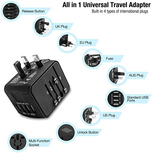 Worldwide All In One Universal Travel Adapter for Europe, Asia, Italy, Africa, Australia, US &amp; 150 More. Electricity Converter, Wall Charger with 4 USB, LED Indicator, Accepts 100 - 240v AC